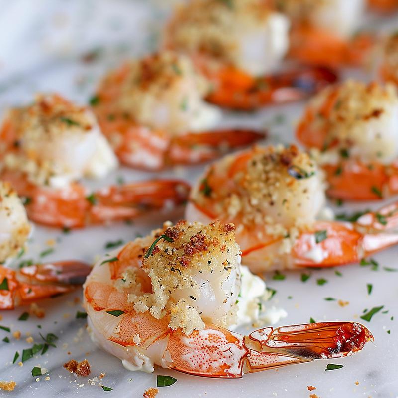 Close up of stuffed shrimp appetizer on white marble.