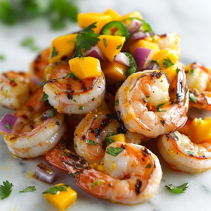 Close-up of grilled shrimp with mango salsa on white marble.
