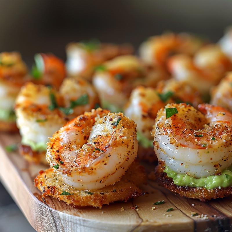 Close-up of crispy garlic shrimp bites with avocado mousse on a wood board.