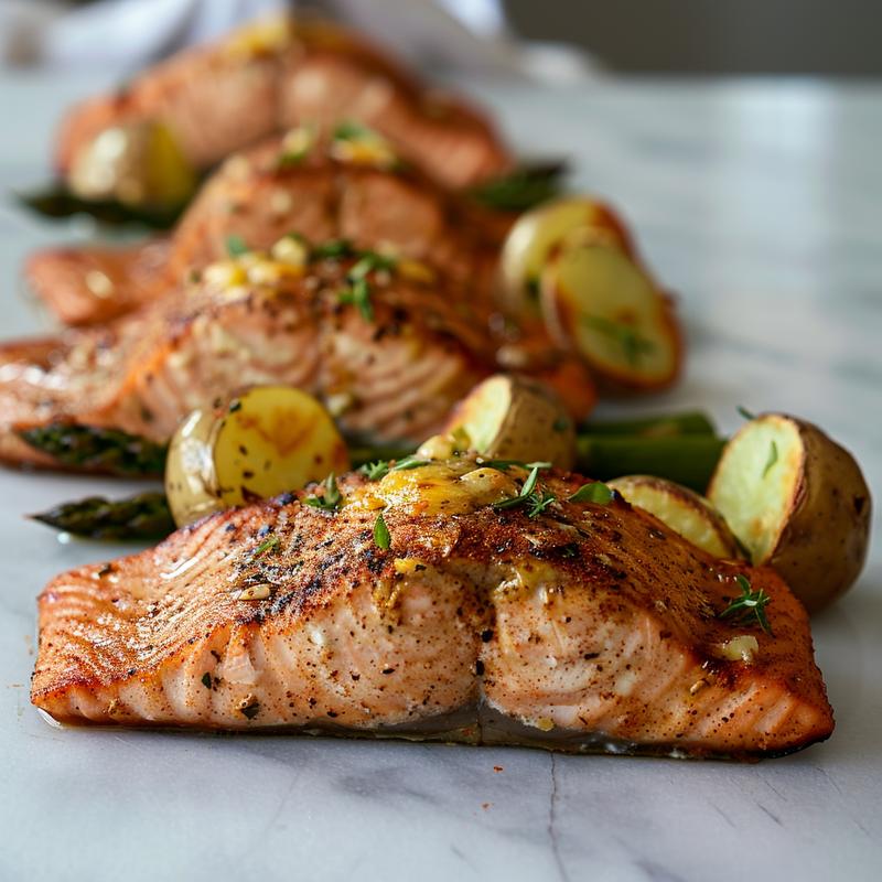 Close-up of spiced salmon with cheesy asparagus and garlic herb potatoes.