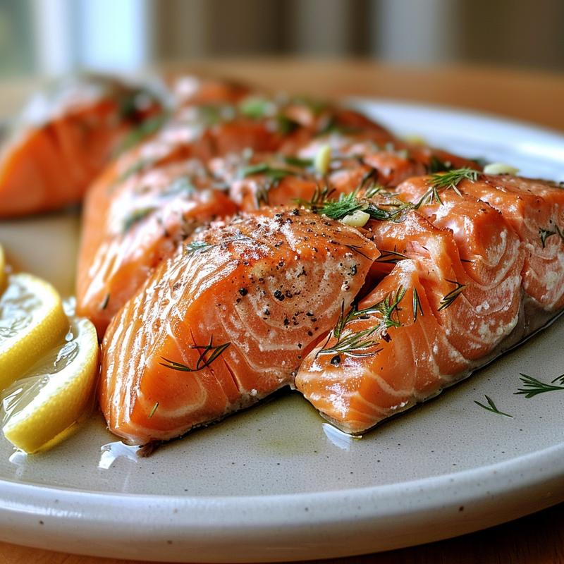 Close-up of flaky baked salmon with lemon and dill on a grey plate.
