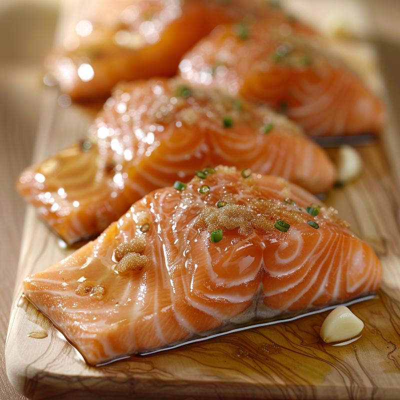Close-up of glazed brown sugar soy sauce salmon on light wood.