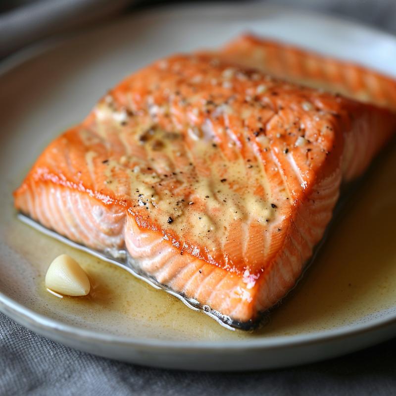 Close-up of mayo-baked salmon on a light grey plate, showcasing the texture.