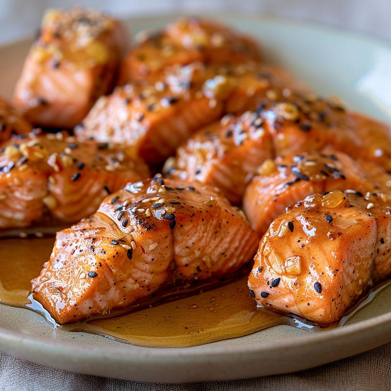 Close-up of honey-garlic salmon fillet on a light grey plate.