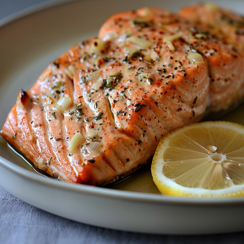 Close-up of cooked salmon fillet with lemon slices on a grey plate.