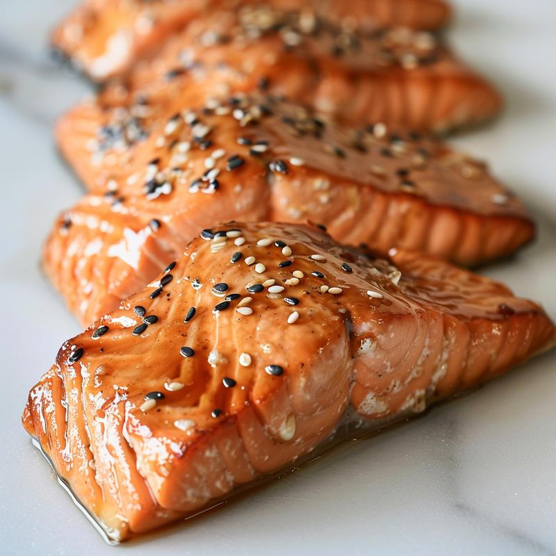 Close-up of glazed salmon on white marble.