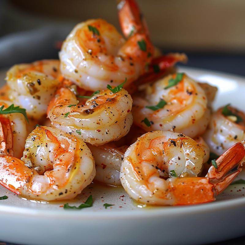 Close-up of seasoned, baked shrimp on a grey plate.