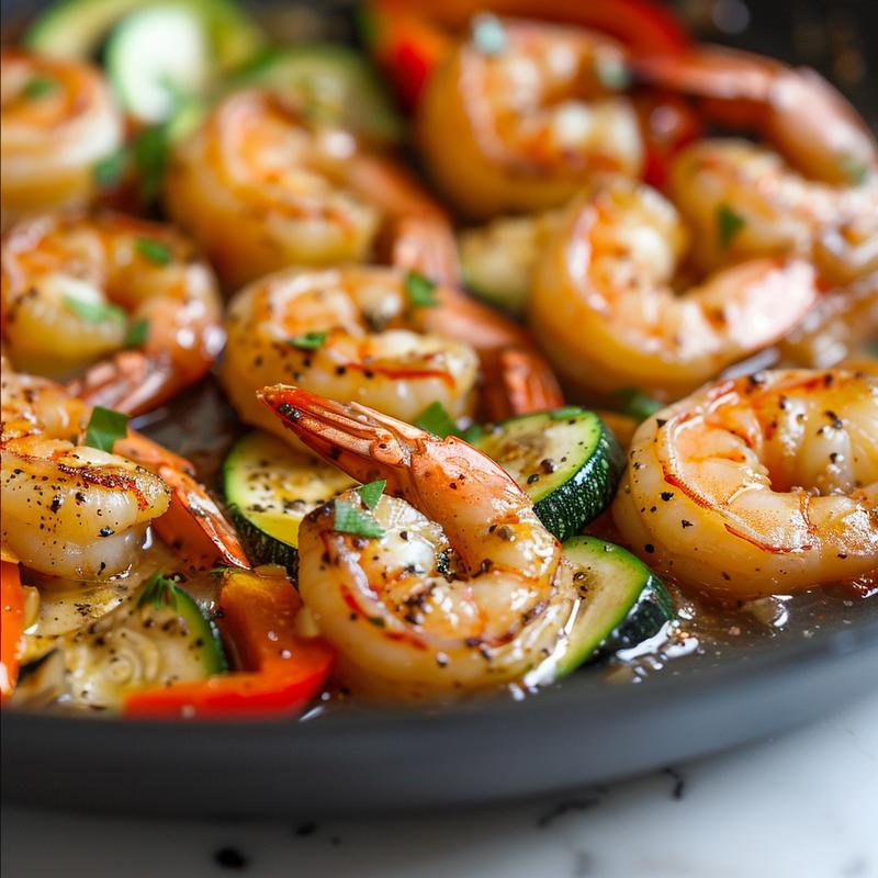 Close-up of garlic shrimp skillet with sliced bell peppers and zucchini on white marble.