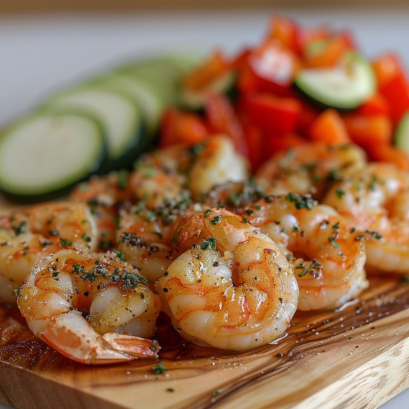 Close-up of garlic parmesan shrimp and vegetables on a wood board.