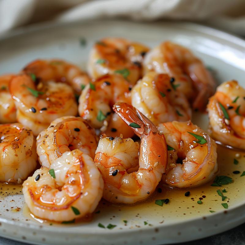 Close-up of honey garlic shrimp on a light grey plate.