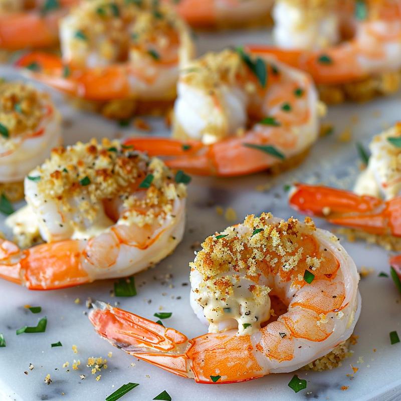 Close up of stuffed shrimp appetizer on white marble.