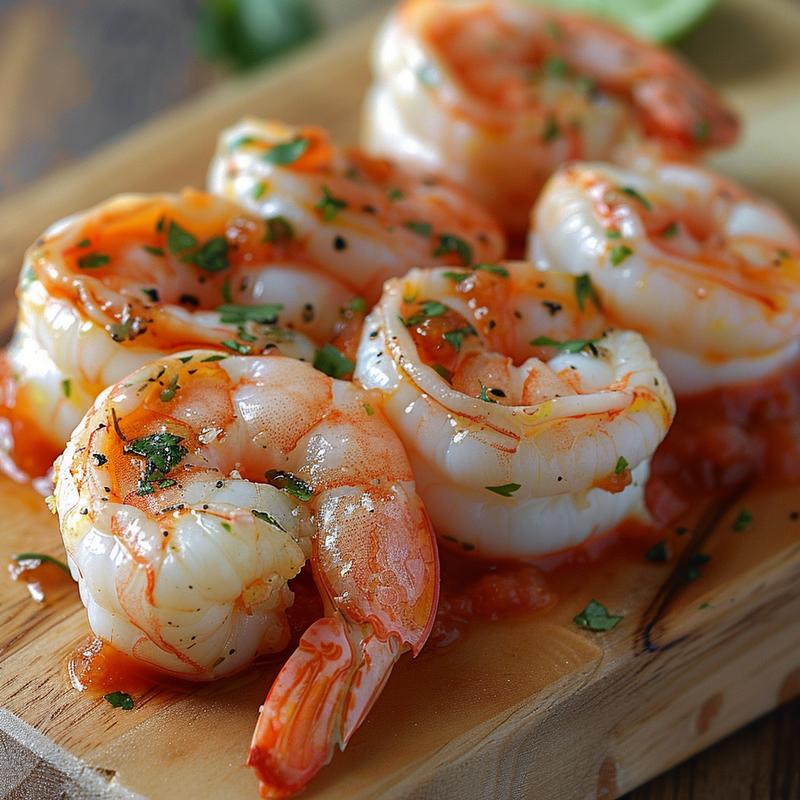 Close-up of Mexican shrimp cocktail with visible shrimp, tomato sauce, and lime.